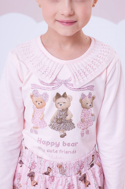 Conjunto Infantil Algodão Blusa Cotton Ursinhas Happy Gola Tricot e Saia Babados Ursinhas Listras - Pituchinhus