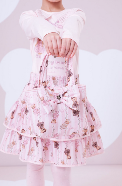 Conjunto Infantil Algodão Blusa Cotton Ursinhas Happy Gola Tricot e Saia Babados Ursinhas Listras - Pituchinhus