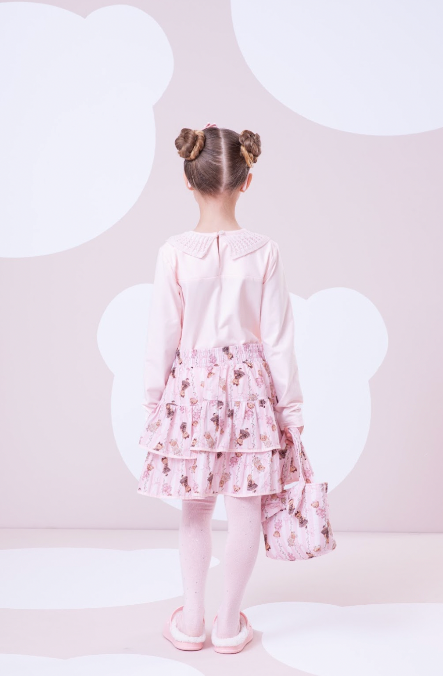 Conjunto Infantil Algodão Blusa Cotton Ursinhas Happy Gola Tricot e Saia Babados Ursinhas Listras - Pituchinhus