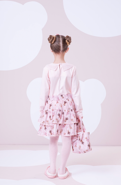 Conjunto Infantil Algodão Blusa Cotton Ursinhas Happy Gola Tricot e Saia Babados Ursinhas Listras - Pituchinhus