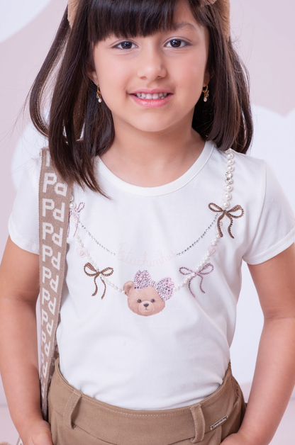 Conjunto Infantil Blusa Algodão Cotton Ursinha Colar Bordado e Calça Sarja Bolsos Laço Bege Escuro - Pituchinhus