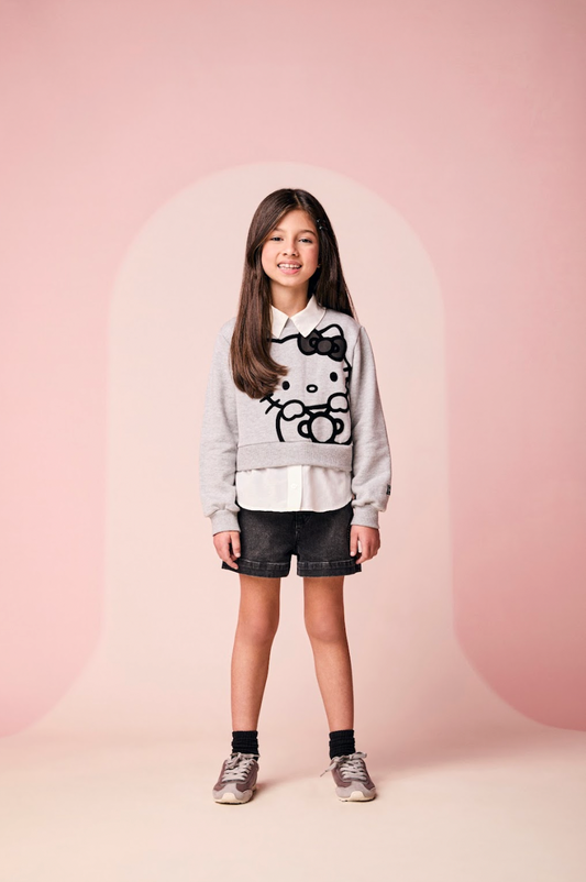 Conjunto Infantil Casaco Moletom Hello Kitty Mescla e Shorts Jeans  Black Laço Strass - Momi
