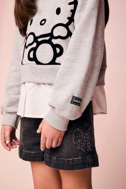 Conjunto Infantil Casaco Moletom Hello Kitty Mescla e Shorts Jeans  Black Laço Strass - Momi