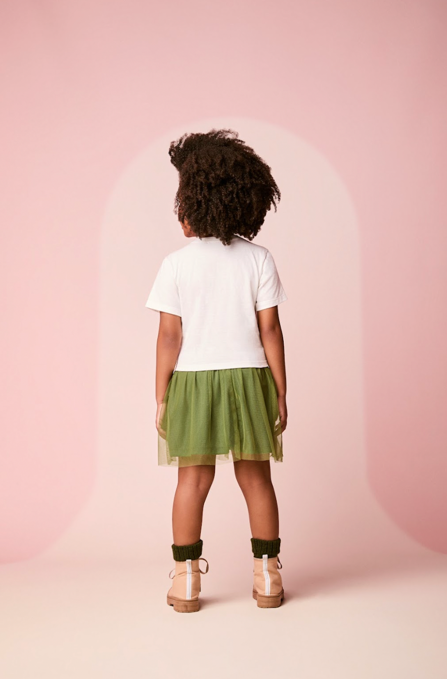 Conjunto Infantil Blusa Tico e Teco Better Together Strass Pérola e Saia Tule Verde Musgo - Momi