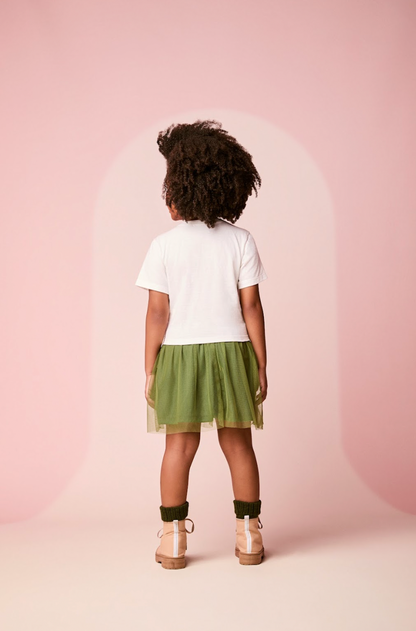 Conjunto Infantil Blusa Tico e Teco Better Together Strass Pérola e Saia Tule Verde Musgo - Momi