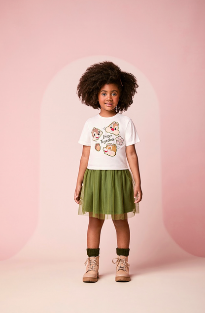 Conjunto Infantil Blusa Tico e Teco Better Together Strass Pérola e Saia Tule Verde Musgo - Momi