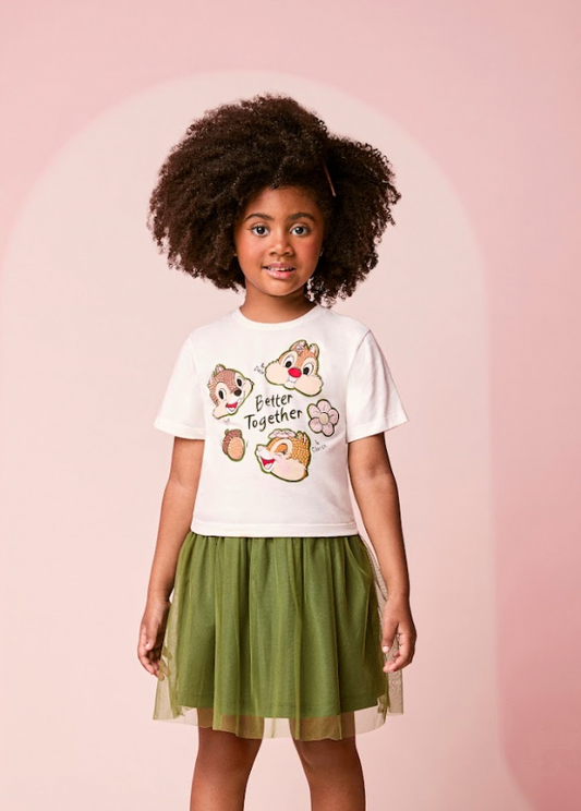 Conjunto Infantil Blusa Tico e Teco Better Together Strass Pérola e Saia Tule Verde Musgo - Momi