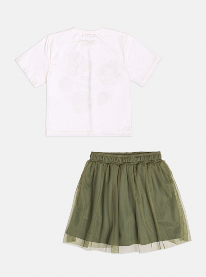 Conjunto Infantil Blusa Tico e Teco Better Together Strass Pérola e Saia Tule Verde Musgo - Momi