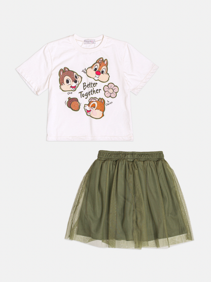 Conjunto Infantil Blusa Tico e Teco Better Together Strass Pérola e Saia Tule Verde Musgo - Momi