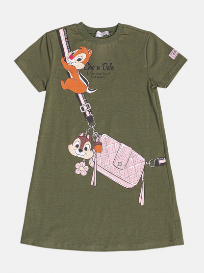 Vestido Infantil Trapézio MC Tico e Teco Verde Musgo - Momi