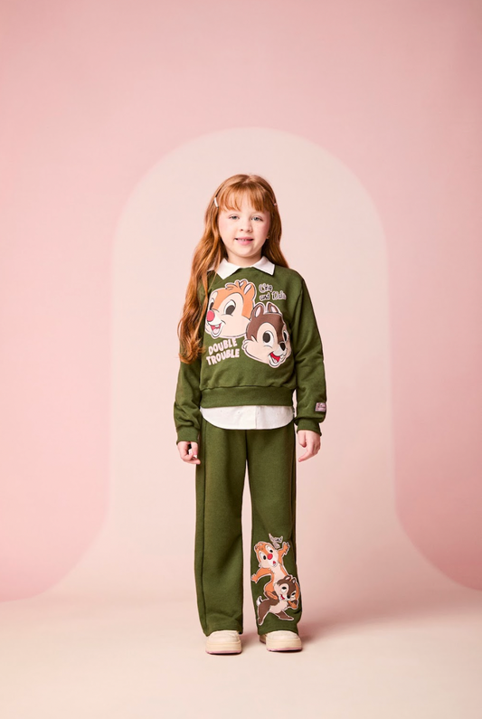 Conjunto Infantil Moletom Casaco Tico e Teco e Calça Verde Musgo - Momi