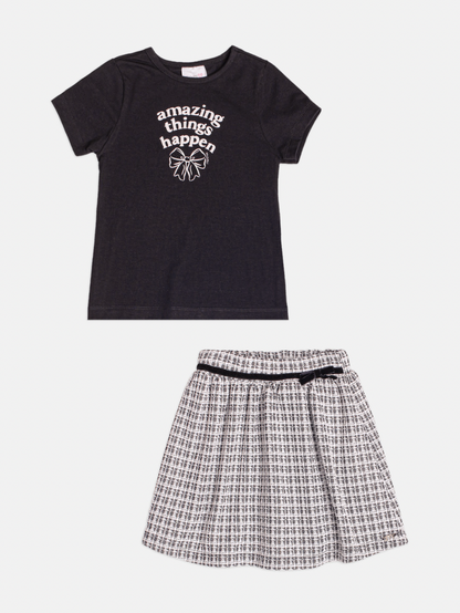 Conjunto Infantil Blusa Amazing Things Happen e Saia Tweed Preto - Momi