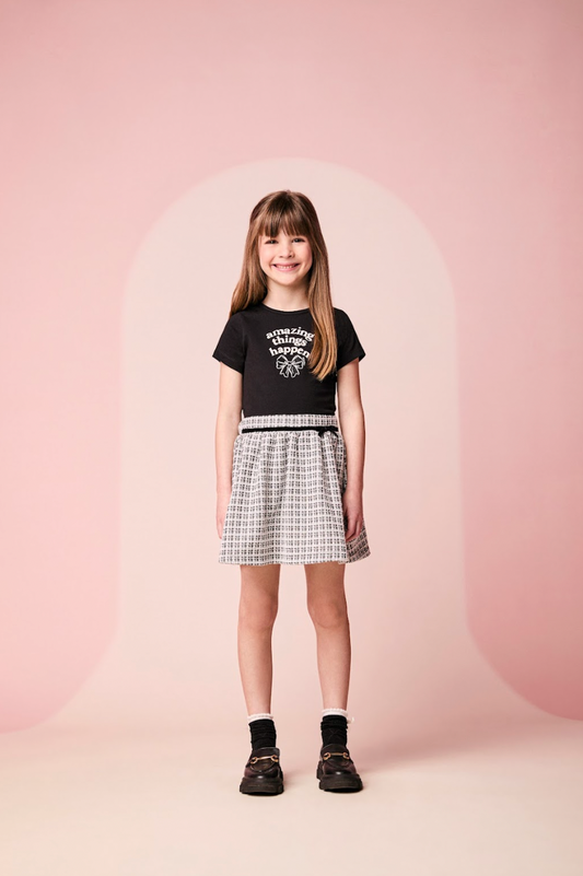 Conjunto Infantil Blusa Amazing Things Happen e Saia Tweed Preto - Momi