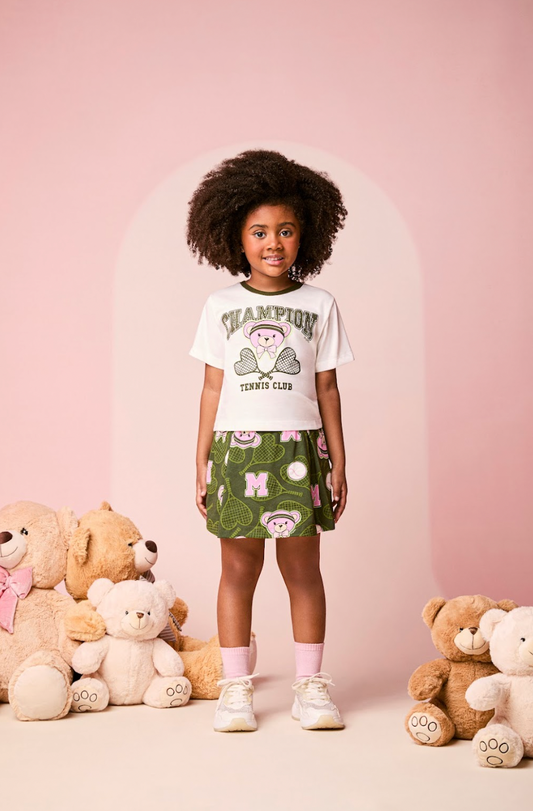 Conjunto Infantil Blusa Champion Tennis Club Pérola e Shorts Verde Musgo - Momi Mini