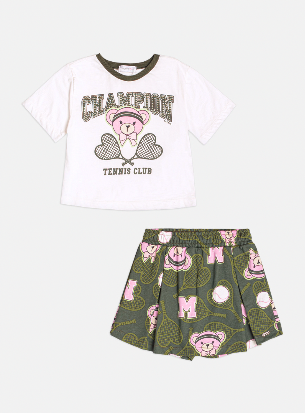 Conjunto Infantil Blusa Champion Tennis Club Pérola e Shorts Verde Musgo - Momi Mini