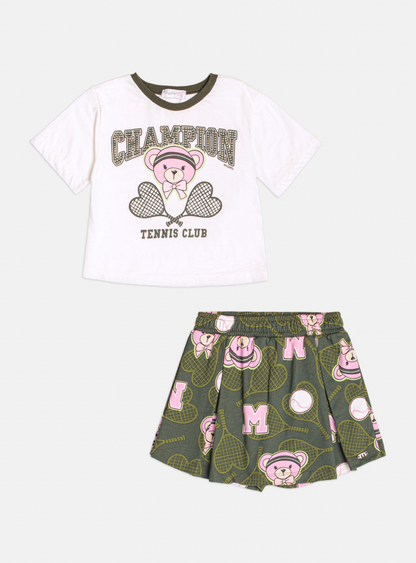 Conjunto Infantil Blusa Champion Tennis Club Pérola e Shorts Verde Musgo - Momi Mini