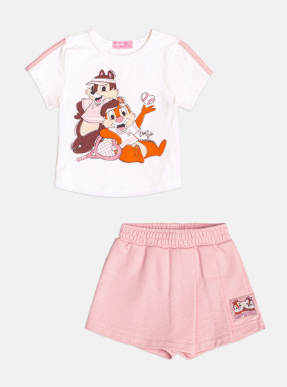 Conjunto Infantil Blusa Chip`N Dale Pérola e Shorts-saia Rosa Quartz - Momi Mini