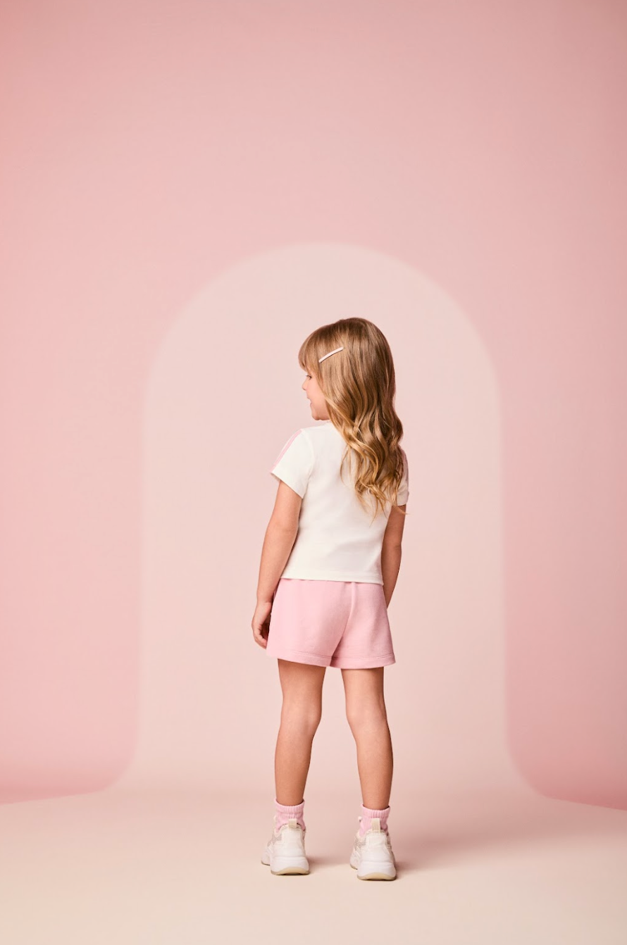Conjunto Infantil Blusa Chip`N Dale Pérola e Shorts-saia Rosa Quartz - Momi Mini