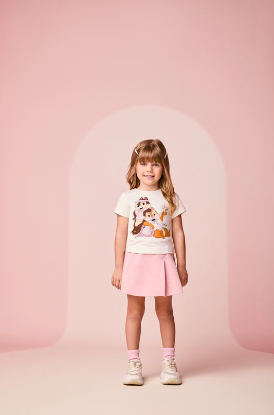 Conjunto Infantil Blusa Chip`N Dale Pérola e Shorts-saia Rosa Quartz - Momi Mini