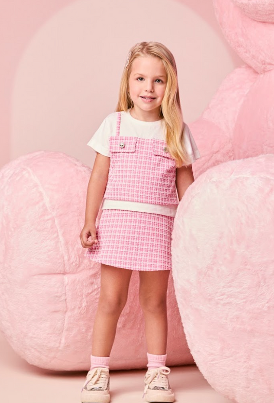 Conjunto Infantil Blusa Sobreposição Pérola e Shorts Malha Tweed Rosa - Momi Mini