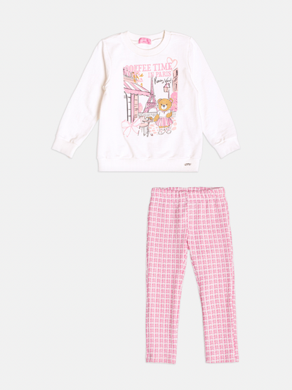 Conjunto Infantil Blusa Ursinha Paris e Legging Malha Tweed Rosa - Momi