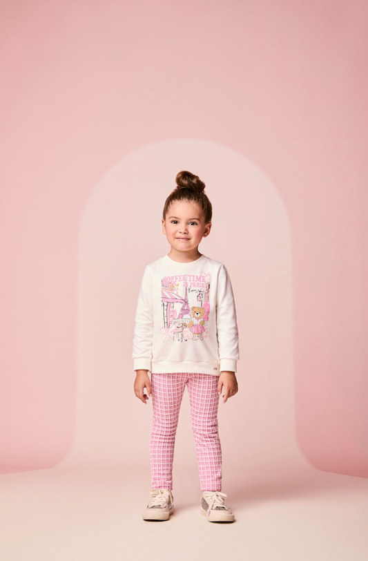 Conjunto Infantil Blusa Ursinha Paris e Legging Malha Tweed Rosa - Momi