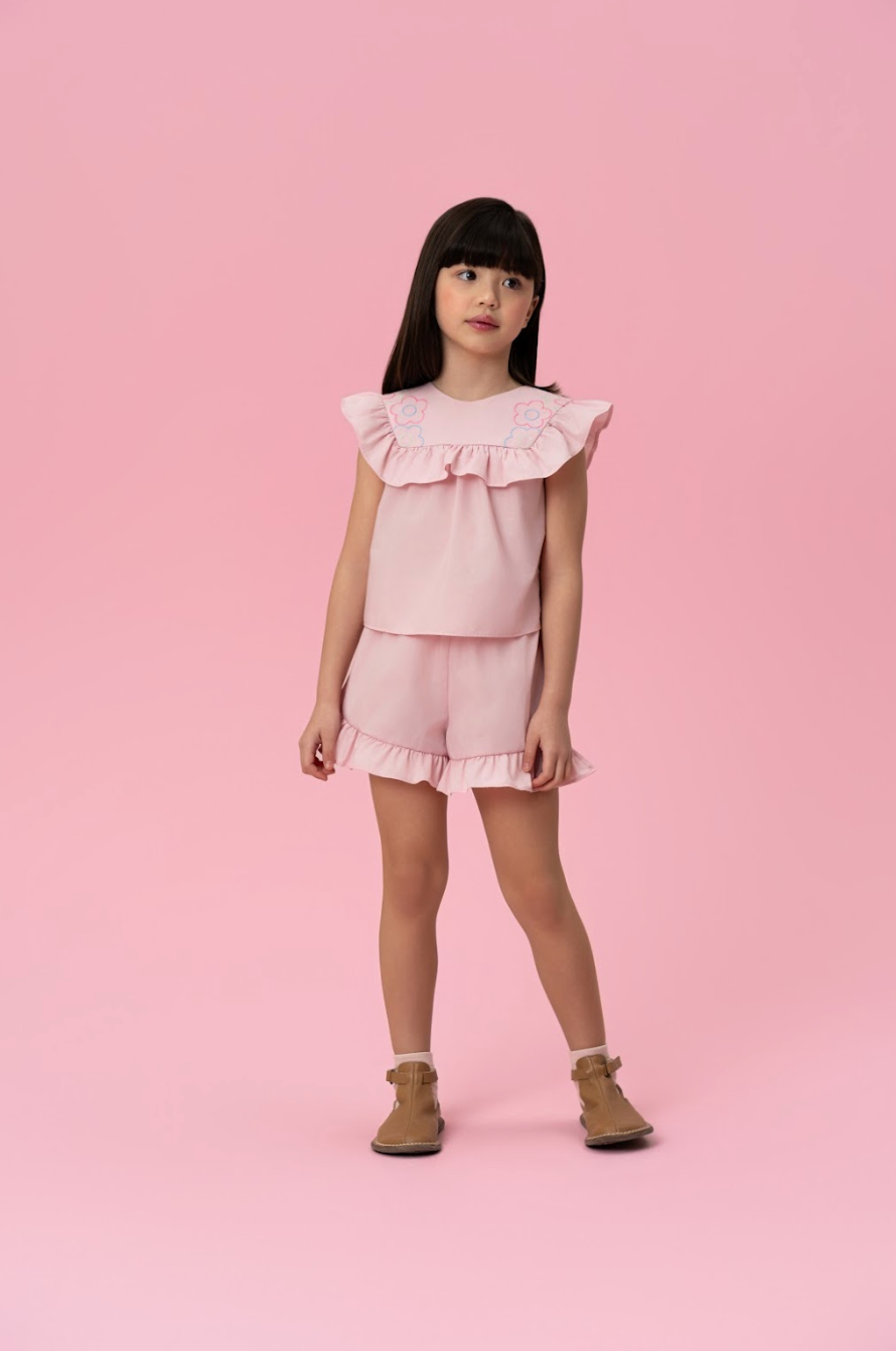 Conjunto Infantil Tricoline Blusa Bordada Flores e Shorts Babadinhos Rosa - Mon Sucré