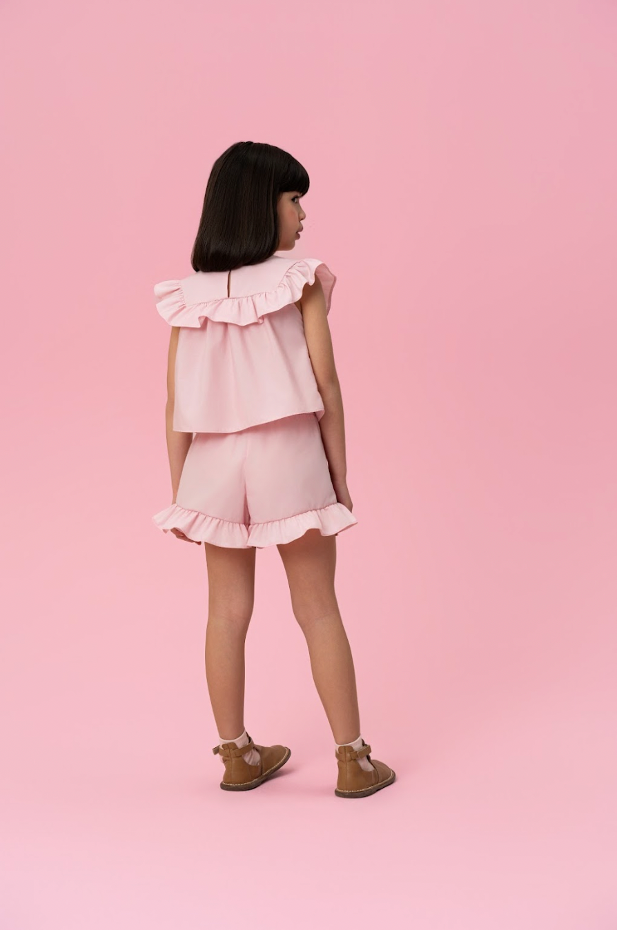 Conjunto Infantil Tricoline Blusa Bordada Flores e Shorts Babadinhos Rosa - Mon Sucré
