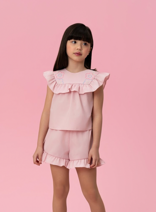 Conjunto Infantil Tricoline Blusa Bordada Flores e Shorts Babadinhos Rosa - Mon Sucré
