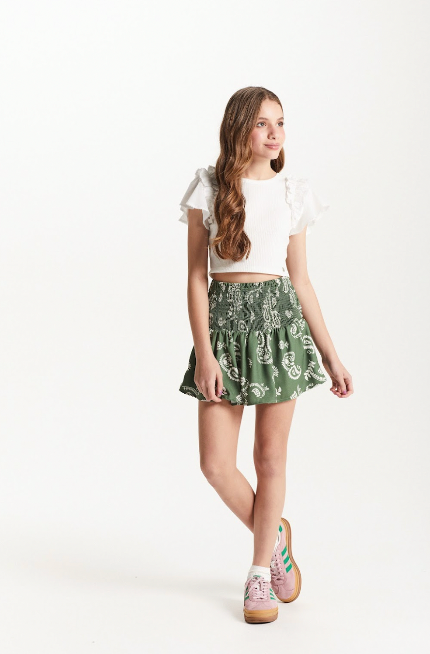 Conjunto Teen Blusa Babados Mangas Voil e Saia Viscose Verde Oliva - Two In