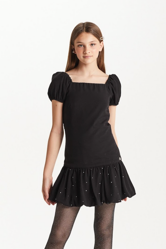 Vestido Teen Sarja Viscose Balonê Strass Preto - Two In