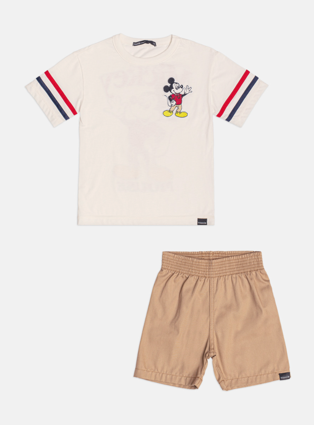 Conjunto Infantil Camiseta Pérola Mickey e Bermuda Sarja Bege - Youccie