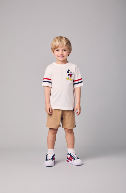 Conjunto Infantil Camiseta Pérola Mickey e Bermuda Sarja Bege - Youccie