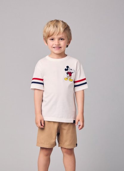 Conjunto Infantil Camiseta Pérola Mickey e Bermuda Sarja Bege - Youccie