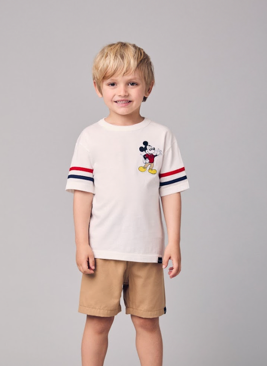 Conjunto Infantil Camiseta Pérola Mickey e Bermuda Sarja Bege - Youccie