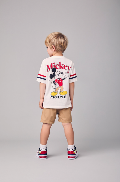 Conjunto Infantil Camiseta Pérola Mickey e Bermuda Sarja Bege - Youccie