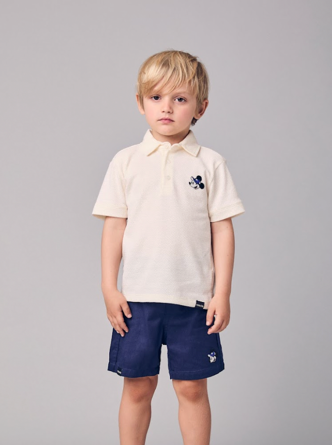 Conjunto Infantil Polo Off White Mickey e Bermuda Sarja Marinho - Youccie