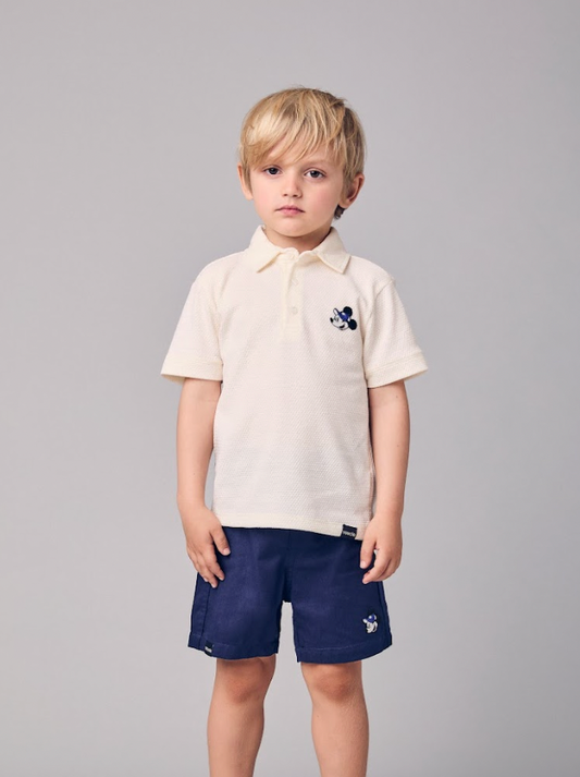 Conjunto Infantil Polo Off White Mickey e Bermuda Sarja Marinho - Youccie