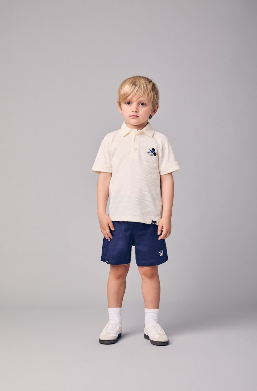 Conjunto Infantil Polo Off White Mickey e Bermuda Sarja Marinho - Youccie