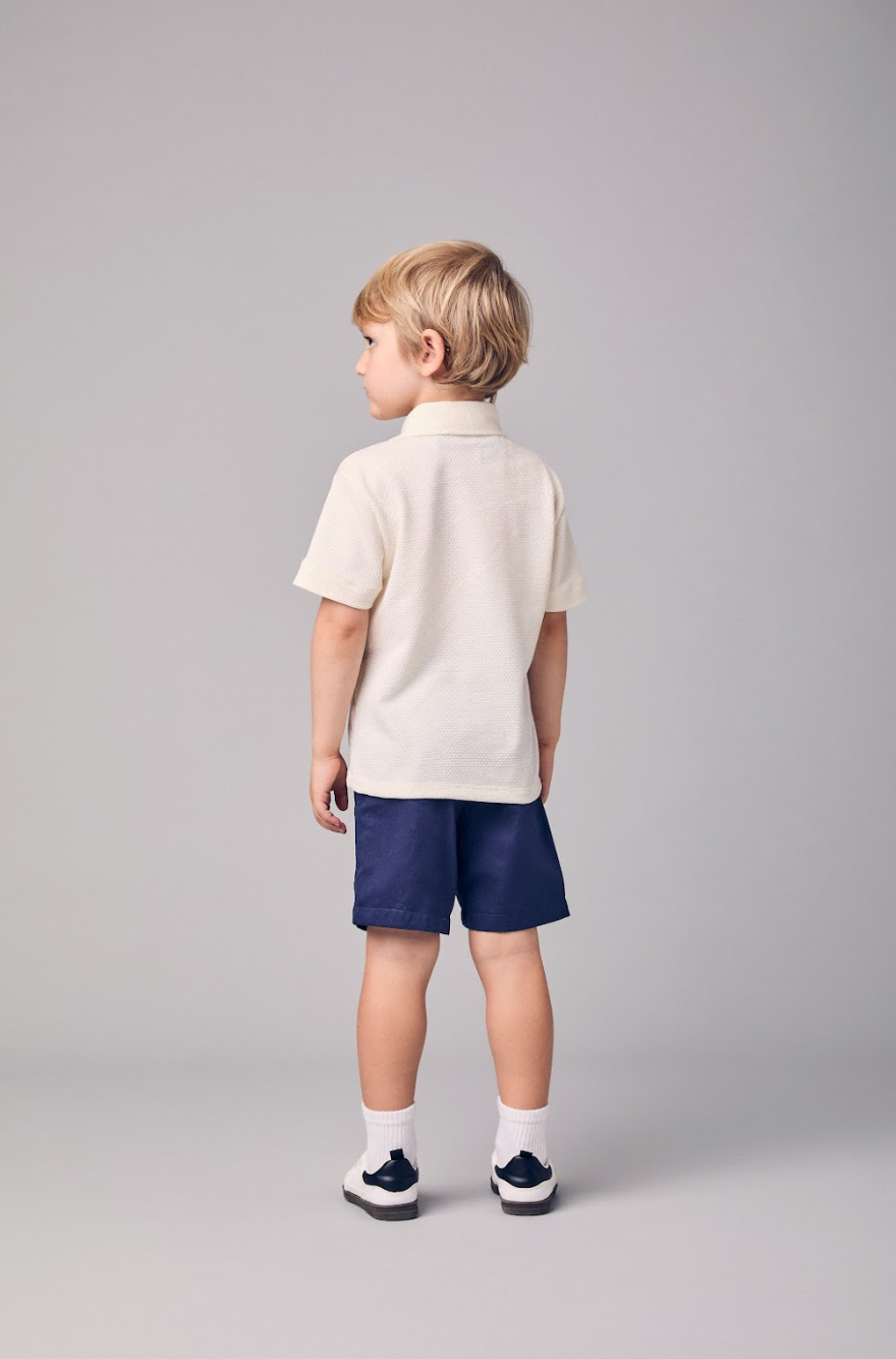 Conjunto Infantil Polo Off White Mickey e Bermuda Sarja Marinho - Youccie