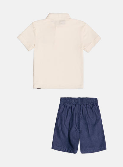 Conjunto Infantil Polo Off White Mickey e Bermuda Sarja Marinho - Youccie