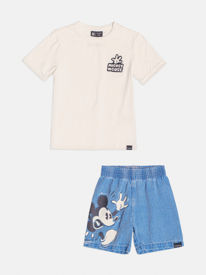 Conjunto Infantil Camiseta Mickey Pérola e Bermuda Jeans Mickey - Youccie