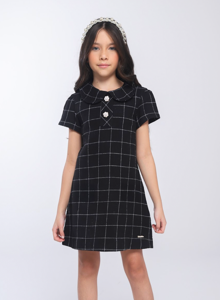 Vestido Infantil Trapézio Botões Xadrez Preto - Luluzinha