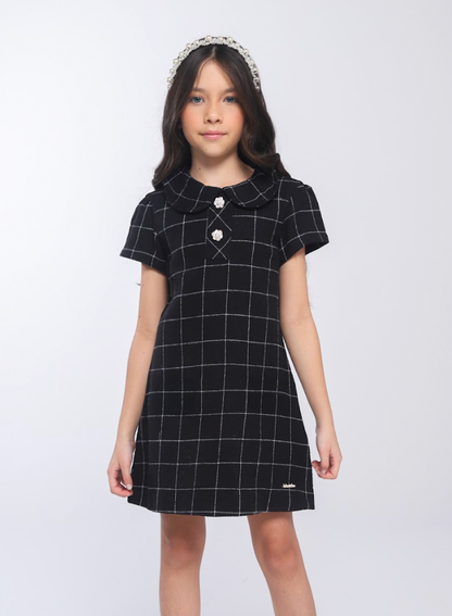 Vestido Infantil Trapézio Botões Xadrez Preto - Luluzinha