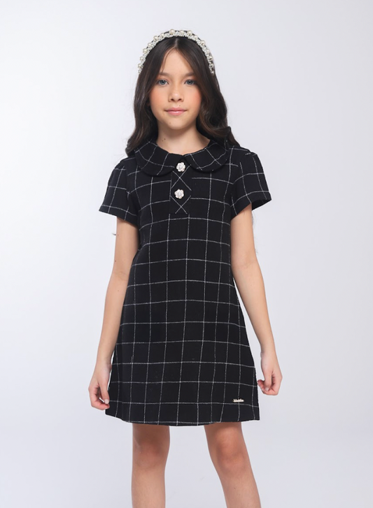 Vestido Infantil Trapézio Botões Xadrez Preto - Luluzinha