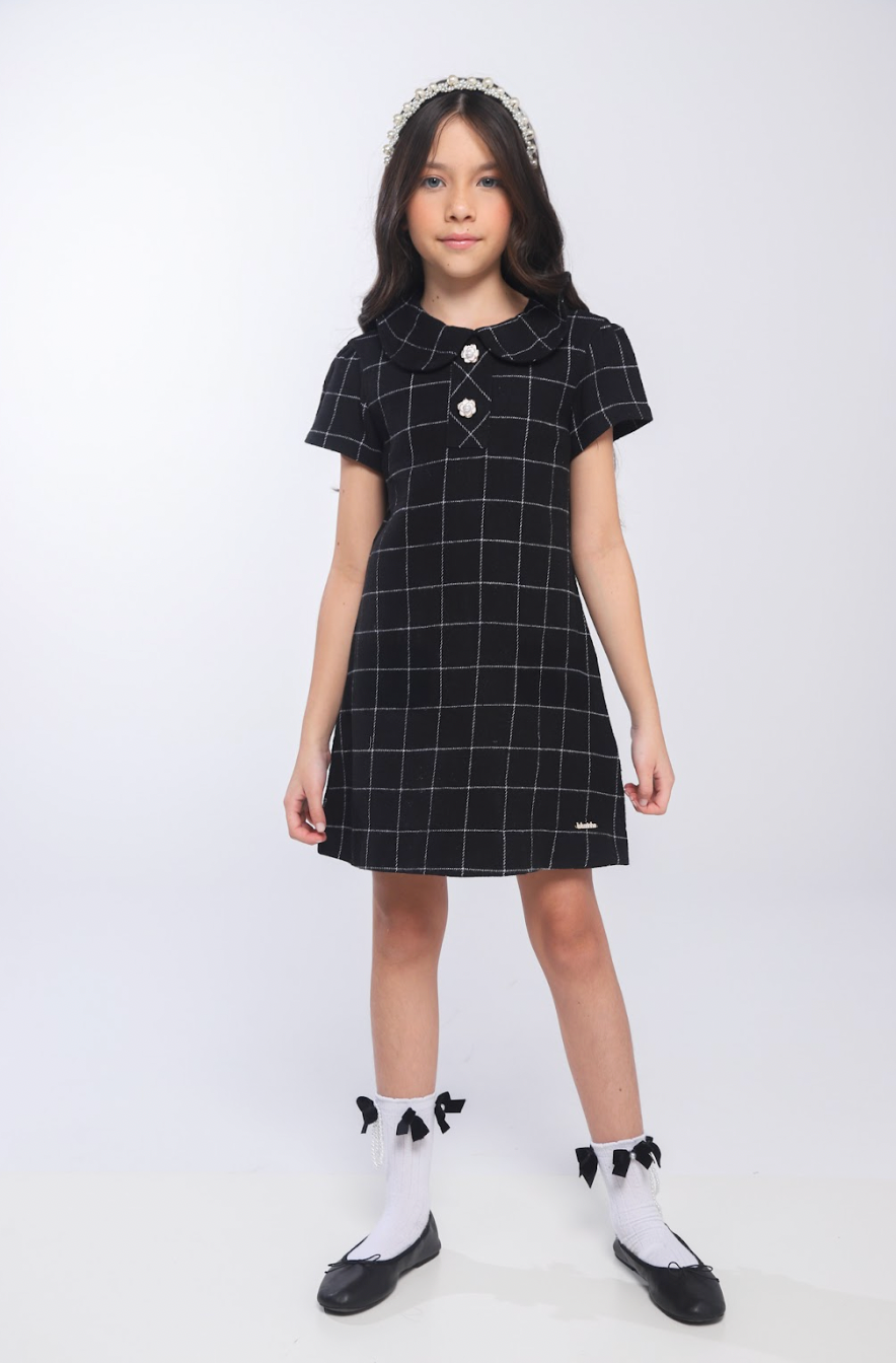 Vestido Infantil Trapézio Botões Xadrez Preto - Luluzinha
