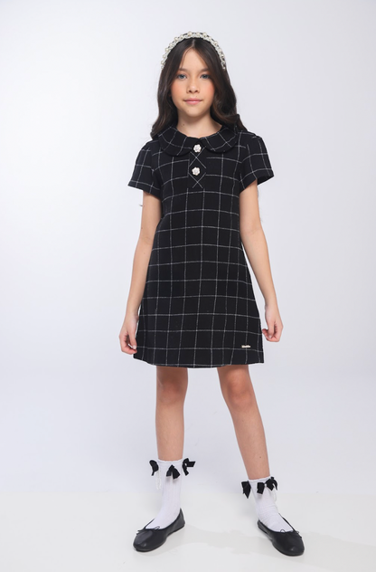 Vestido Infantil Trapézio Botões Xadrez Preto - Luluzinha