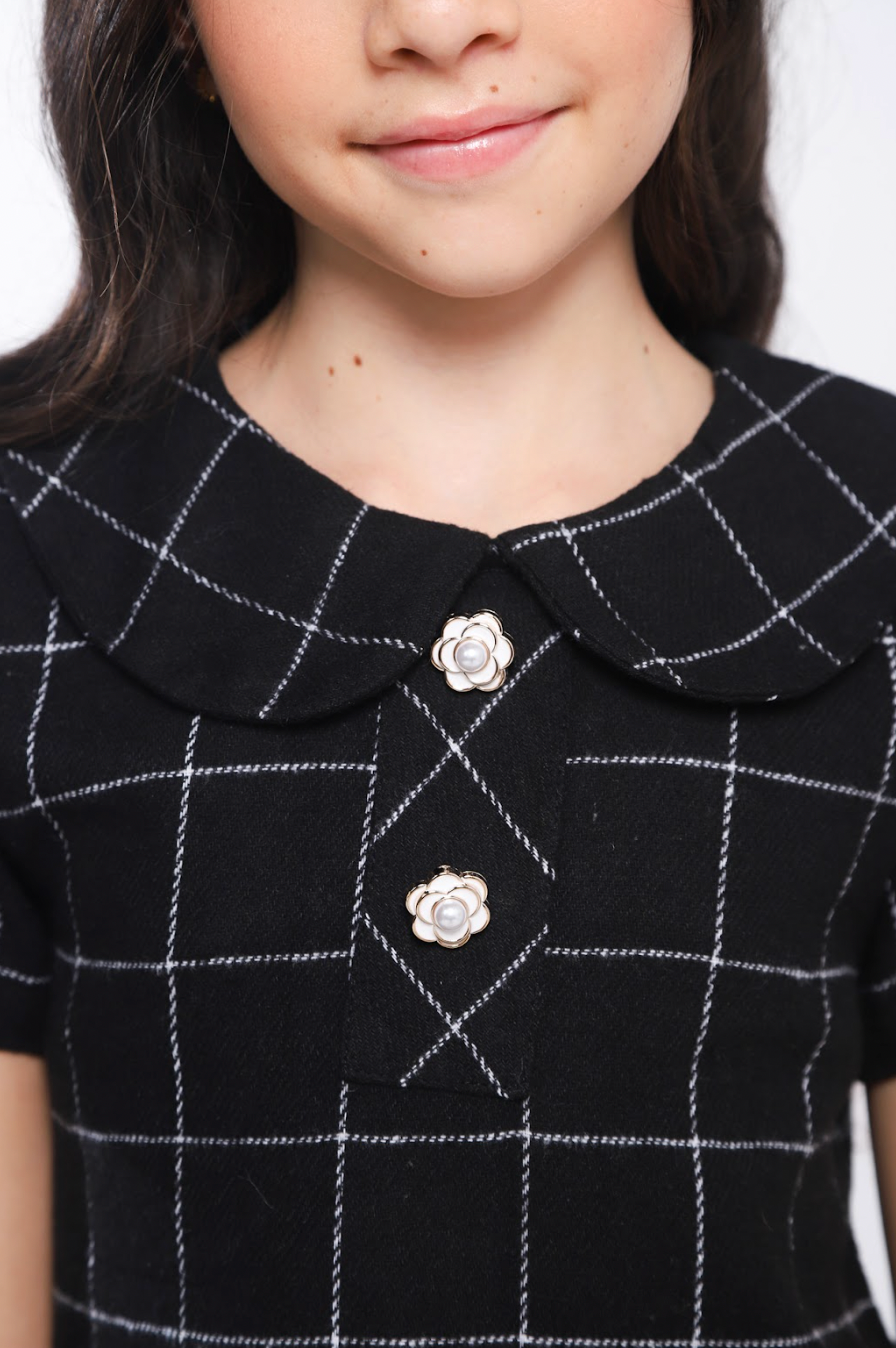 Vestido Infantil Trapézio Botões Xadrez Preto - Luluzinha