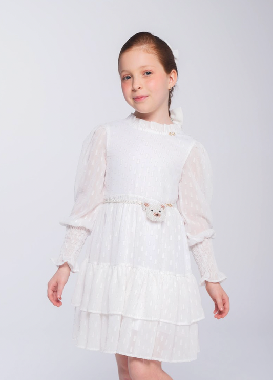 Vestido Infantil Chiffon Rodado ML Cinto Pérolas Ursinho Branco - Luluzinha