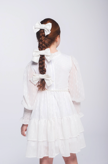 Vestido Infantil Chiffon Rodado ML Cinto Pérolas Ursinho Branco - Luluzinha
